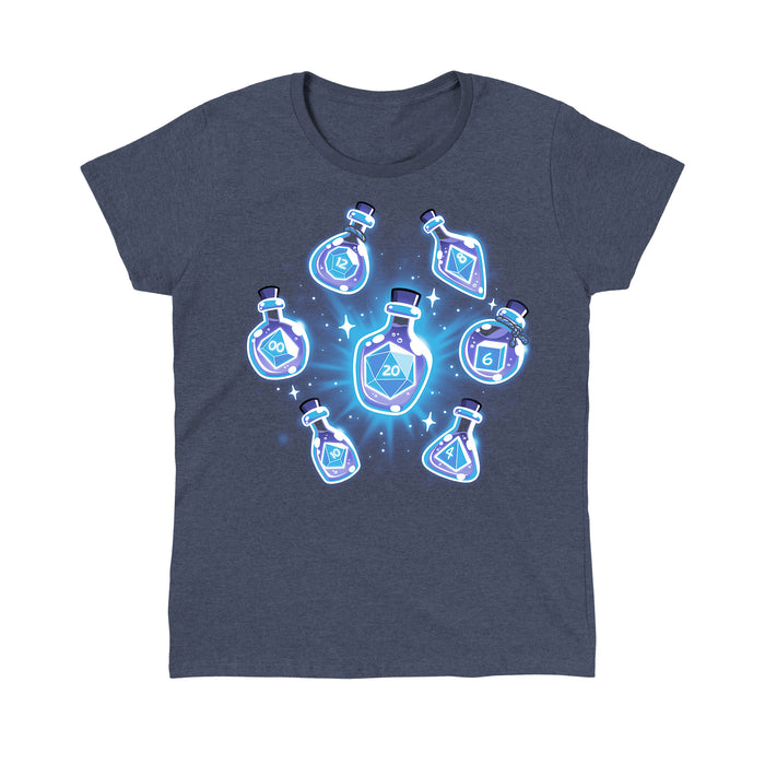 Classic Cotton T-shirt_TeeTurtle heather navy Bottled Dice apparel featuring a set of 7 dice in various size potion bottles.