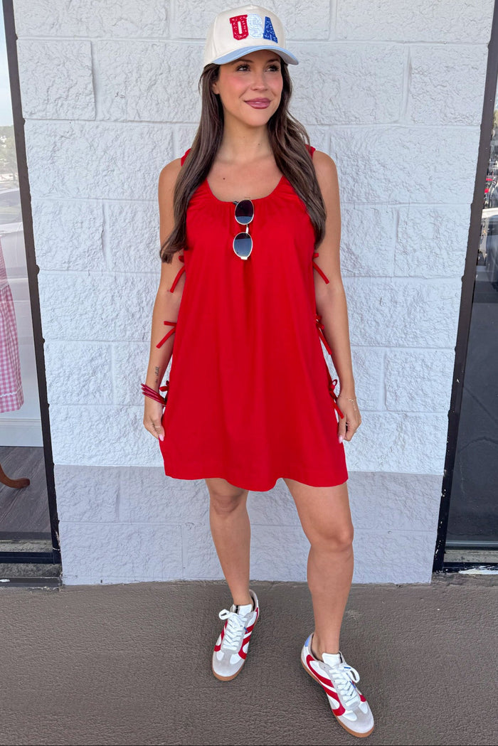 solid red decorative bow tie detail linen mini dress