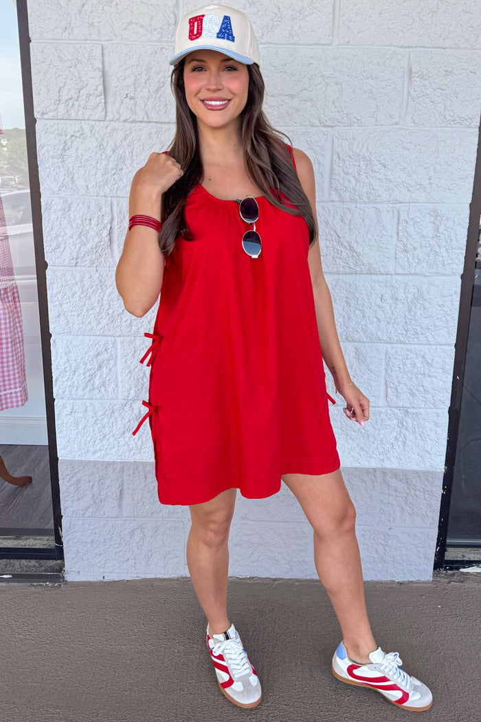 solid red decorative bow tie detail linen sleeveless mini dress
