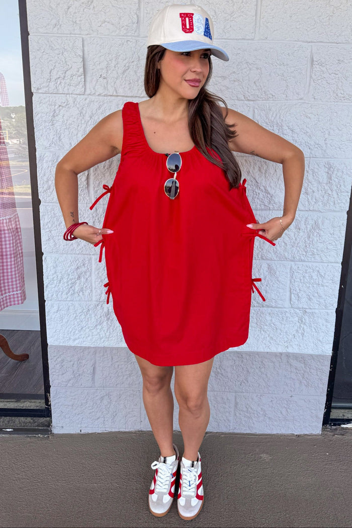 solid red decorative bow tie detail linen mini dress relaxed silhouette