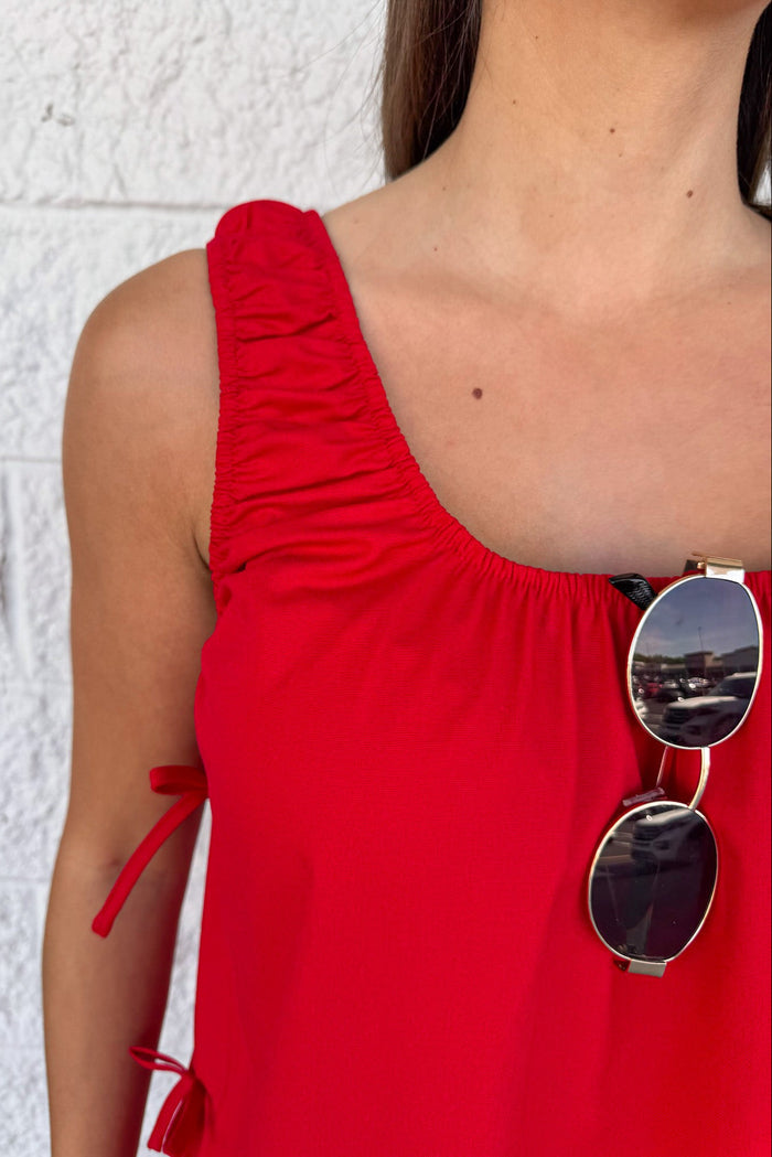 solid red decorative bow tie detail elastic trim crew neckline mini dress