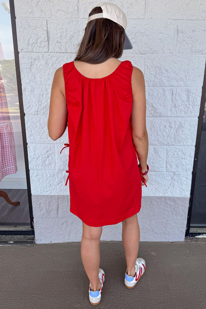 solid red decorative bow tie detail linen mini dress back view