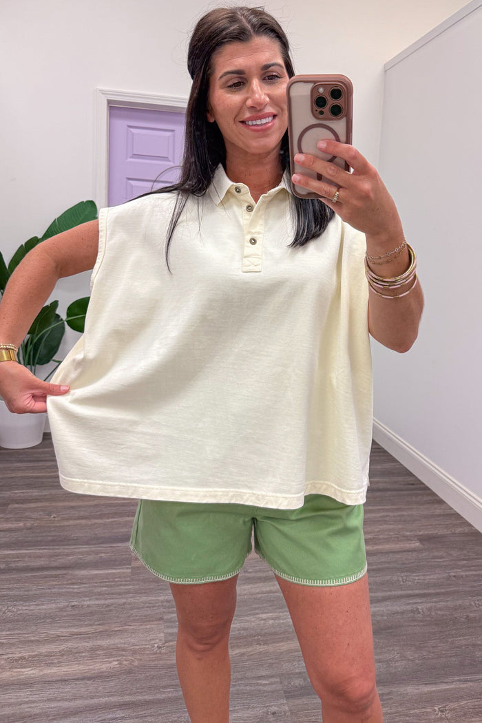 solid cream mineral washed cap sleeve polo top relaxed boxy fit