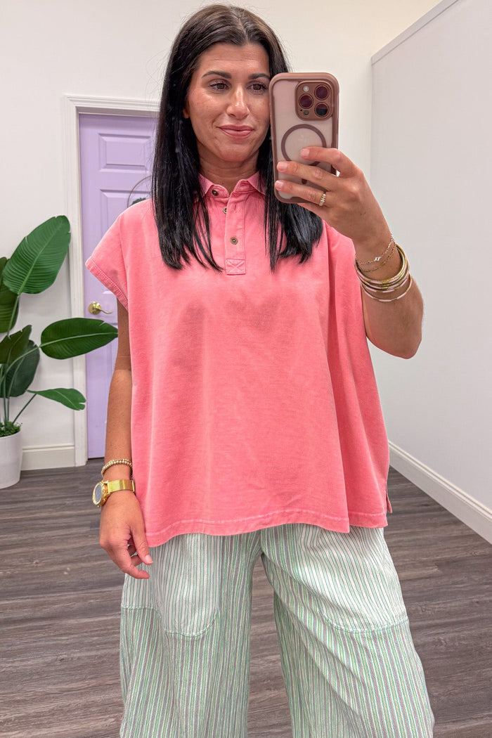 solid pink mineral washed cap sleeve polo top