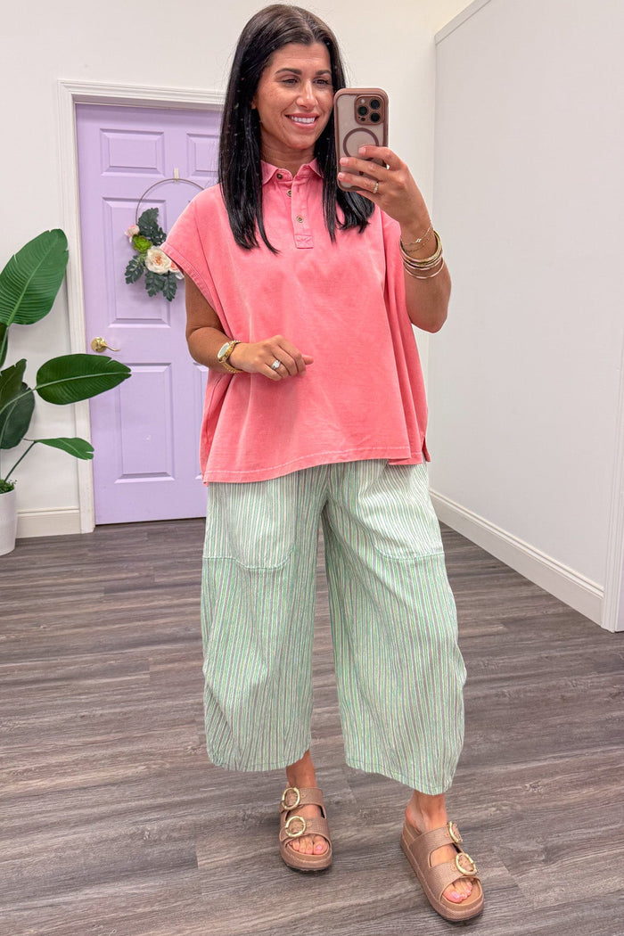 solid pink mineral washed cap sleeve polo top with button collar neckline