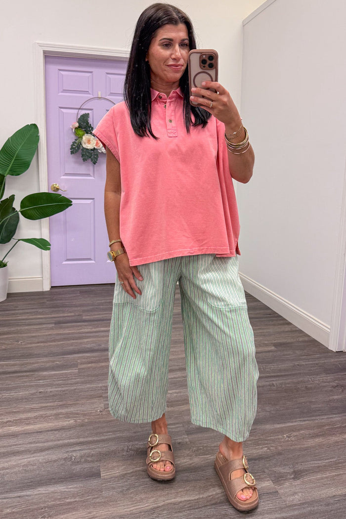 solid pink mineral washed cap sleeve polo top relaxed silhouette