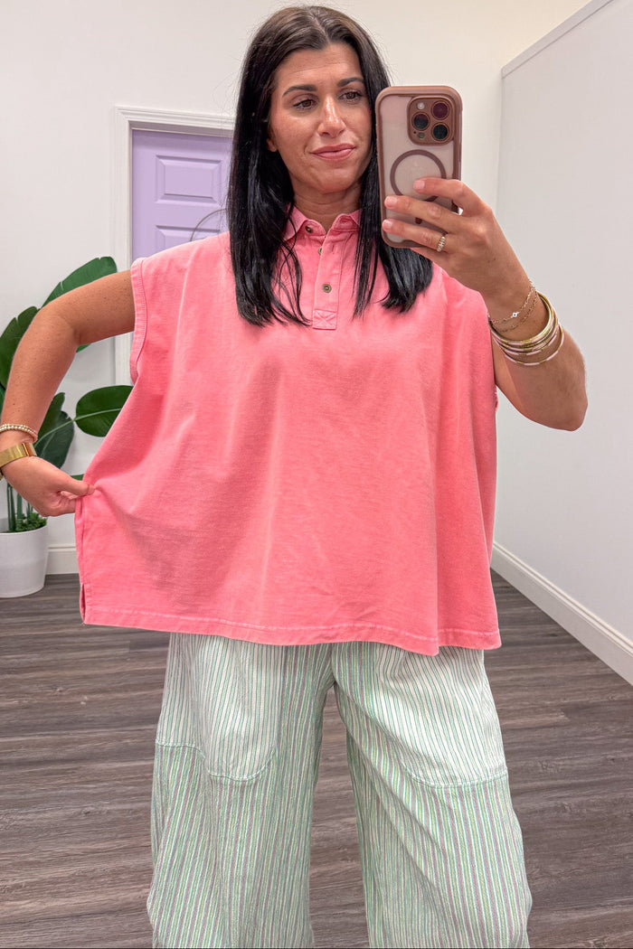 solid pink mineral washed cap sleeve polo top boxy fit