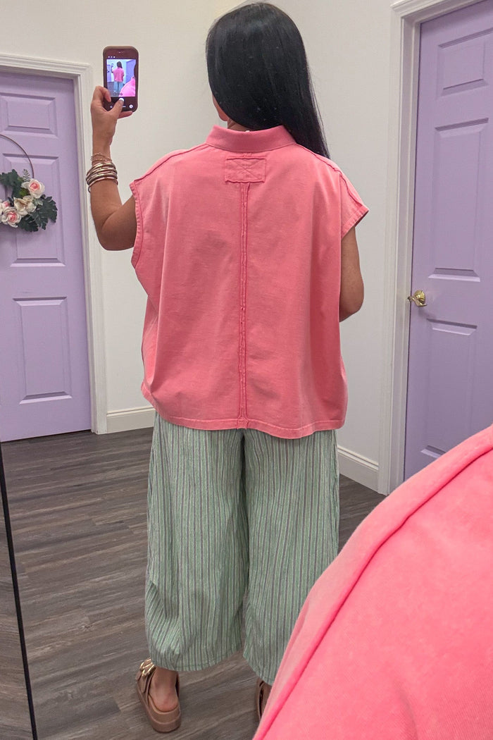 summer spring solid pink mineral washed cap sleeve polo top