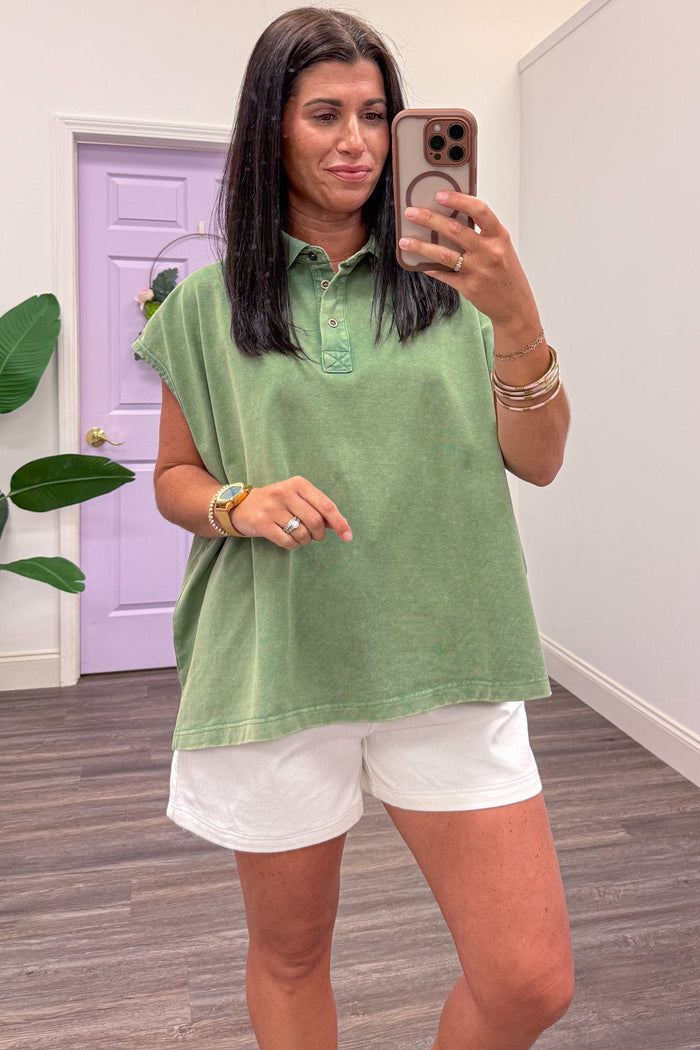 solid sage green mineral washed cap sleeve polo top