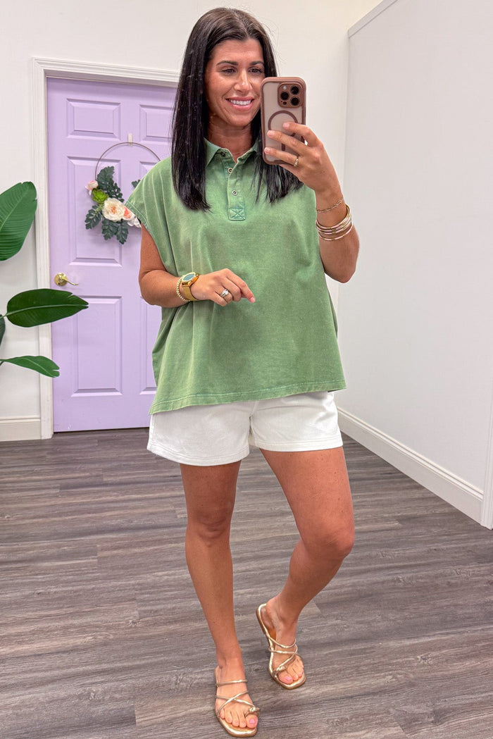 solid sage green mineral washed cap sleeve collared polo top