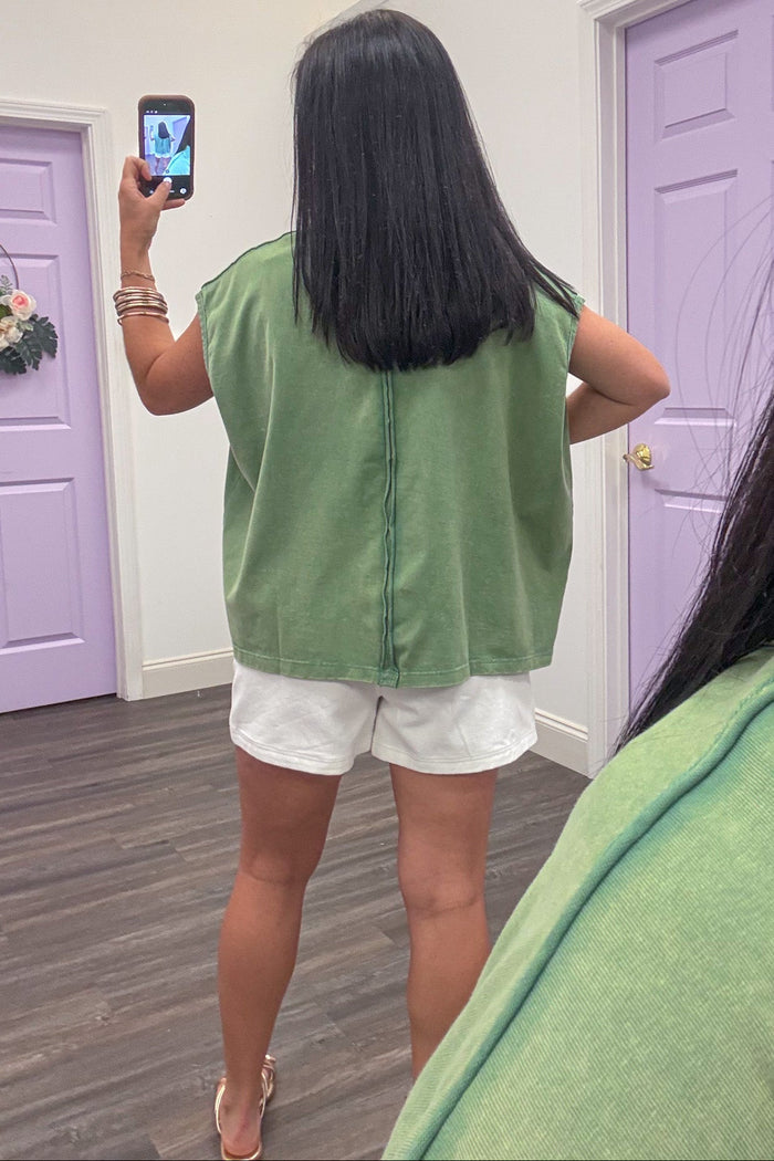 solid sage green mineral washed cap sleeve boxy fit polo top