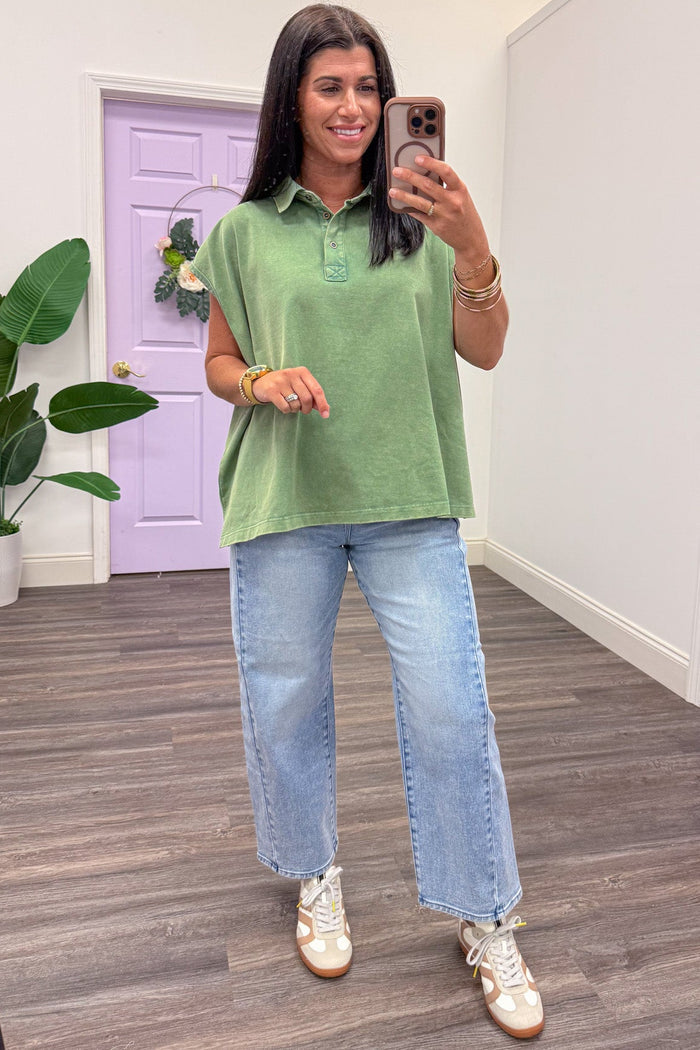 green mineral washed cap sleeve polo top with button front bodice