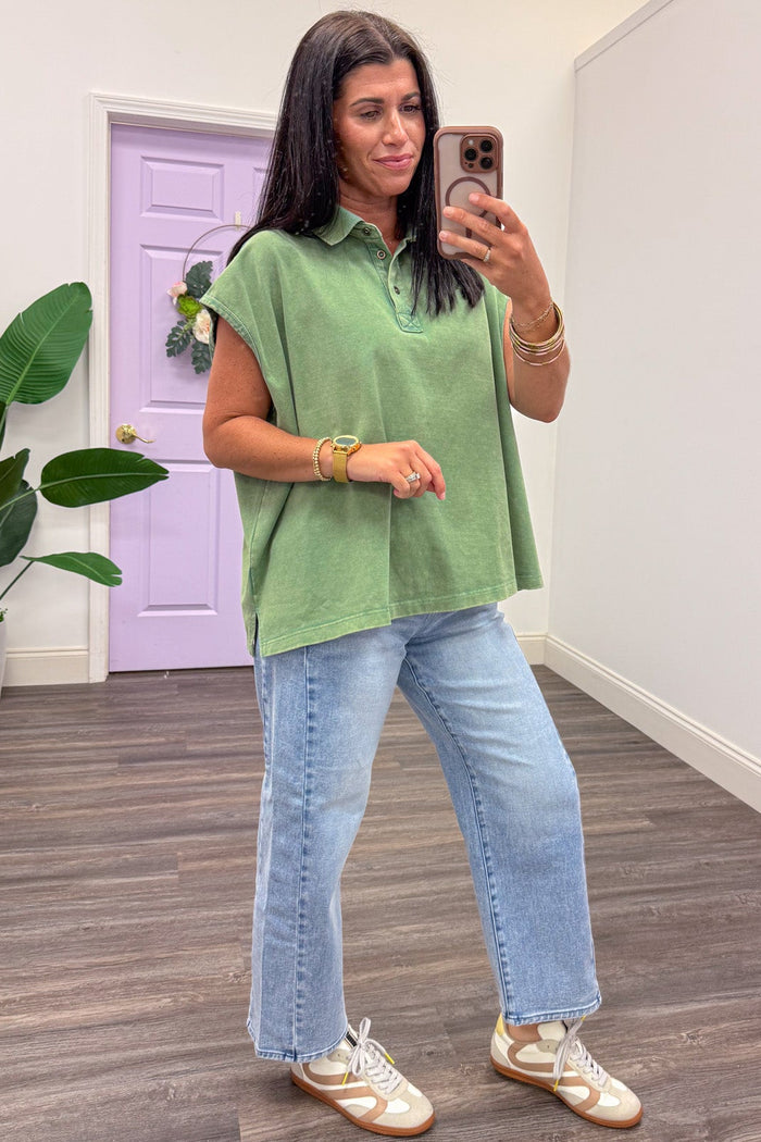 sage green mineral washed cap sleeve casual polo top