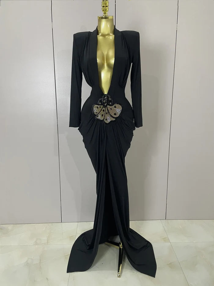Deep V neck long sleeve bodycon maxi dress in a sleek, elegant style for evening and cocktail events