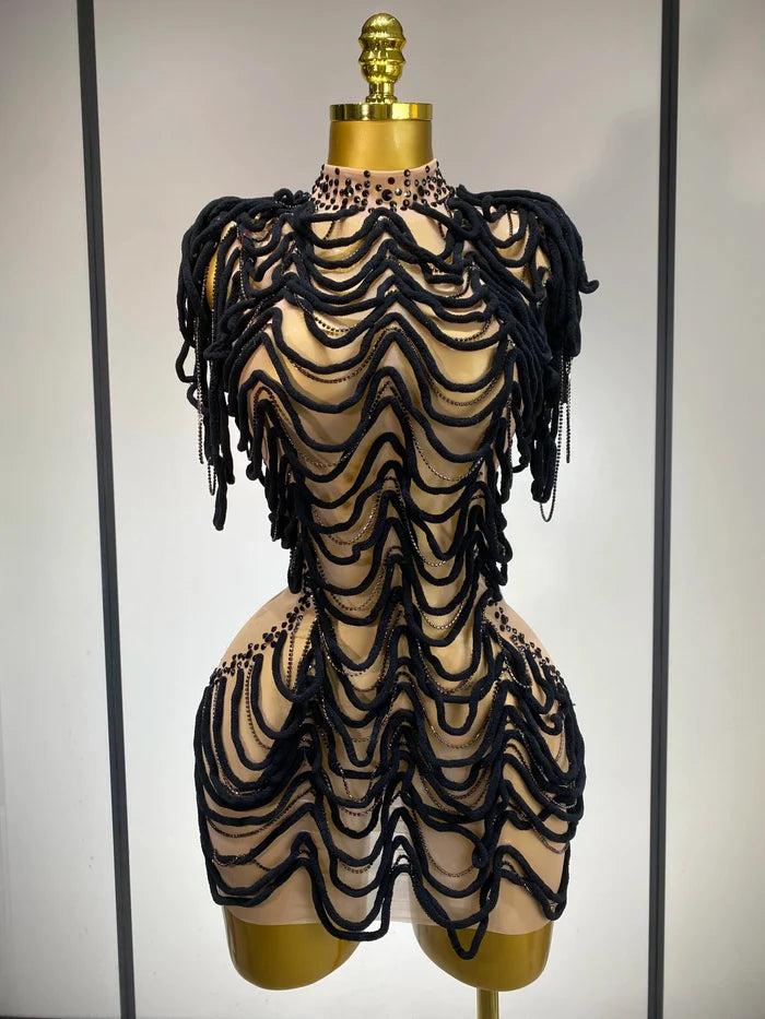 Brielle sexy mesh see through sparkly rhinestone chain prom dress.