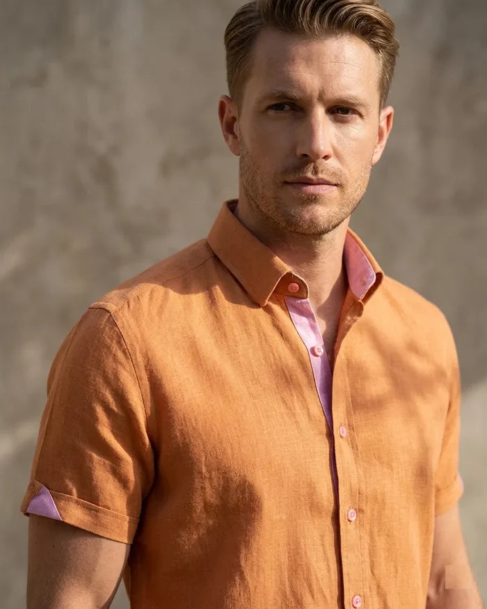 Brown Plain Linen Short Sleeve Shirt