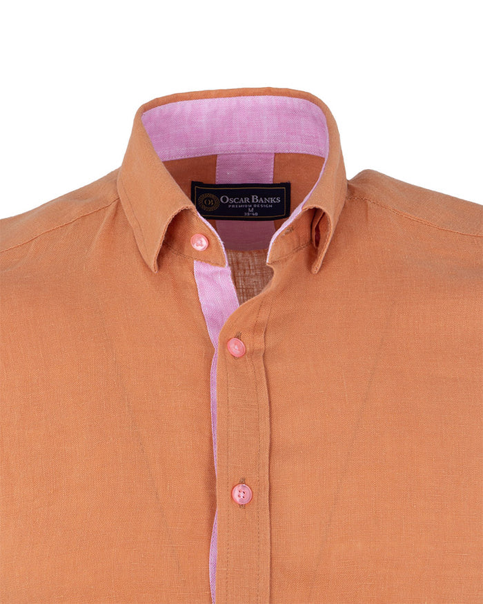 Brown Plain Linen Short Sleeve Shirt-Makrom