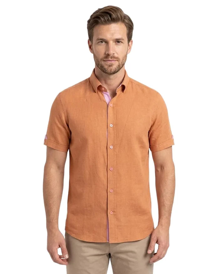 Brown Plain Linen Short Sleeve Shirt-Makrom