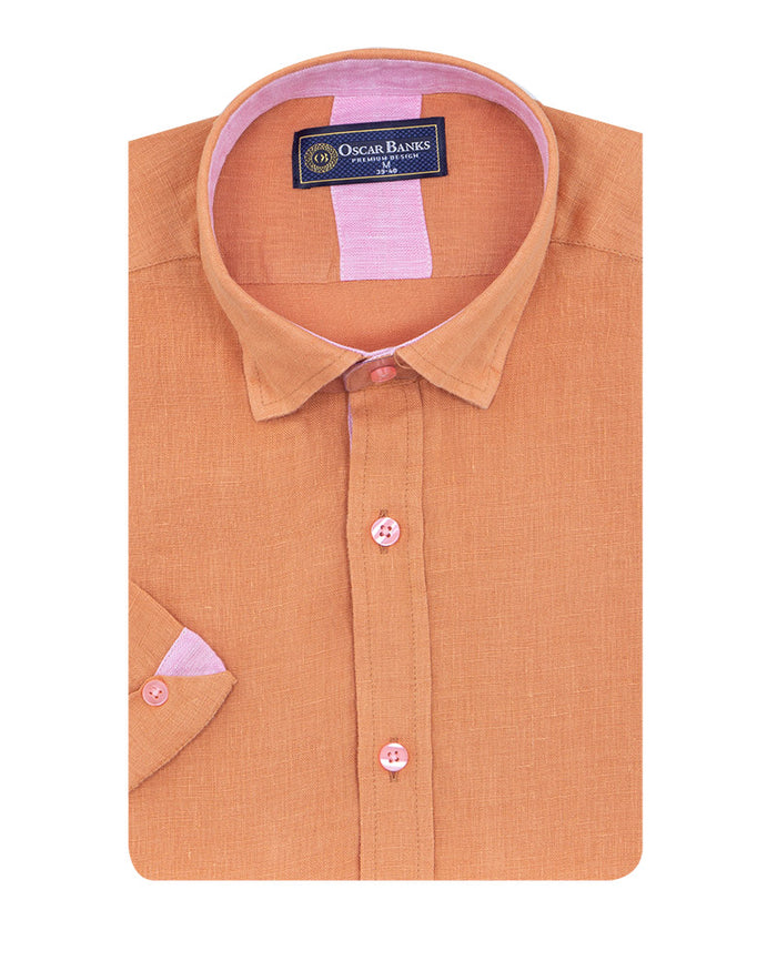 Brown Plain Linen Short Sleeve Shirt-Makrom