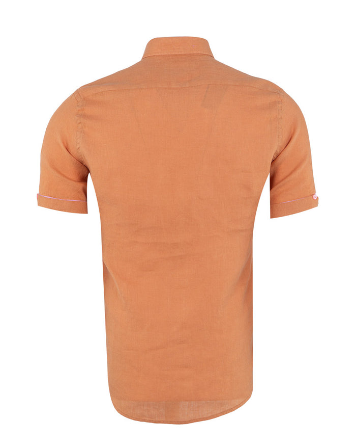 Brown Plain Linen Short Sleeve Shirt-Makrom