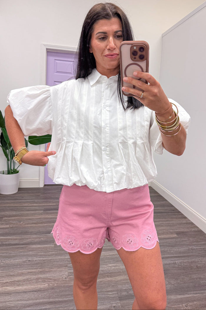 solid off-white button down bubble hem top relaxed silhouette