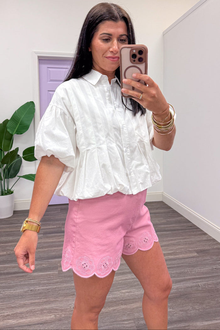 solid off-white button down drop shoulder short puff sleeves top