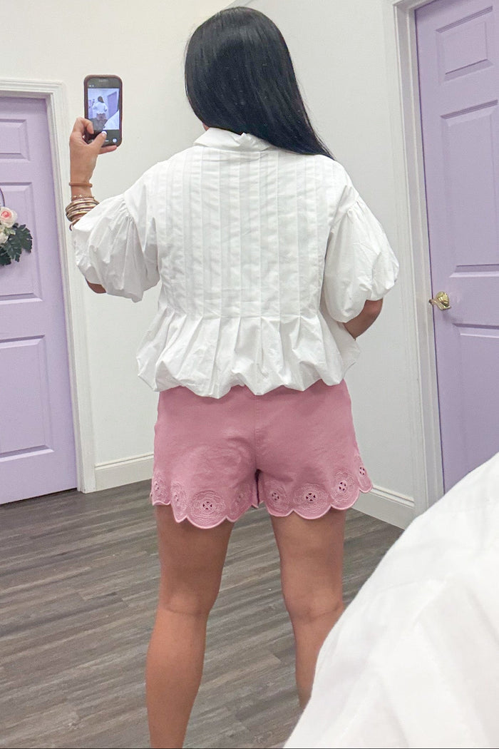 solid off-white button down bubble hem semi-cropped top