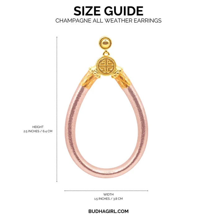 Size guide for Champagne All Weather Earrings from Budha girl with dimensions and brand name.