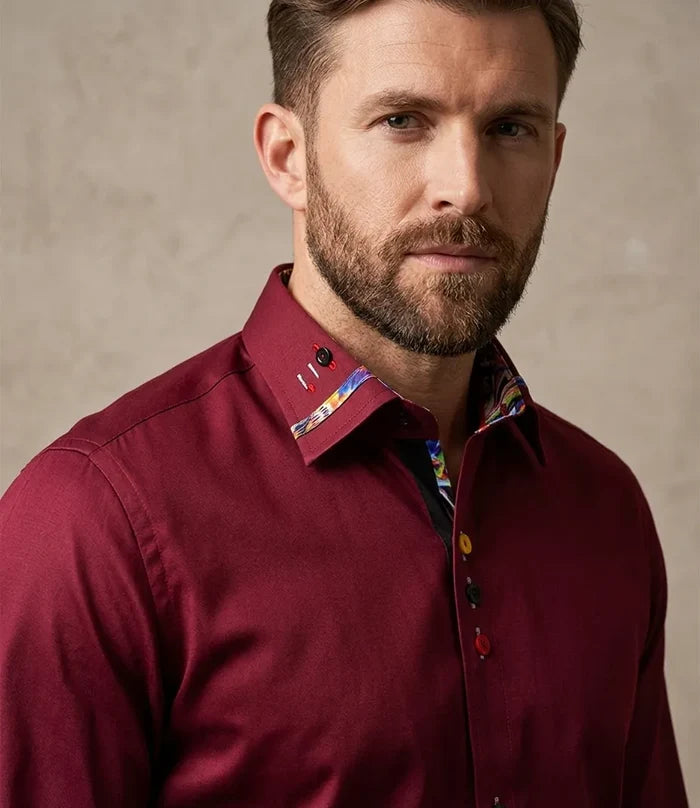Burgundy Fashion Shirt with Colourful Collar Tip Design
