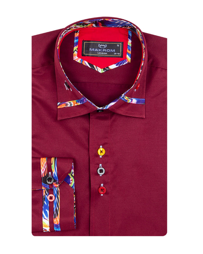 Burgundy Fashion Shirt with Colourful Collar Tip Design-Makrom