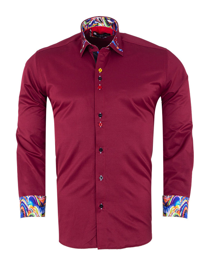 Burgundy Fashion Shirt with Colourful Collar Tip Design-Makrom