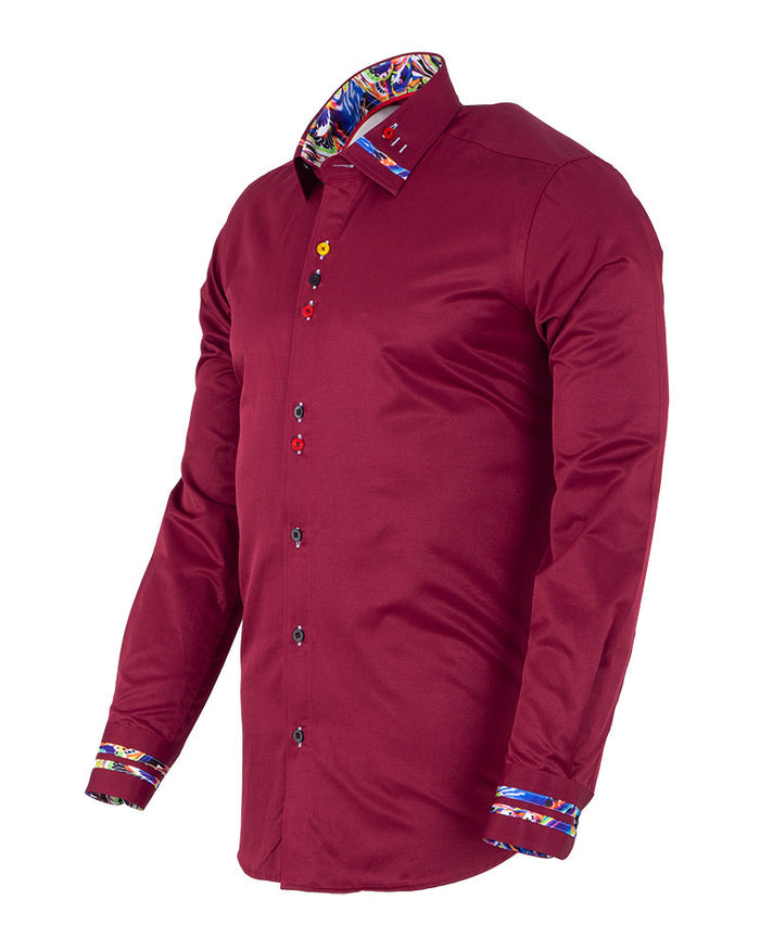 Burgundy Fashion Shirt with Colourful Collar Tip Design-Makrom