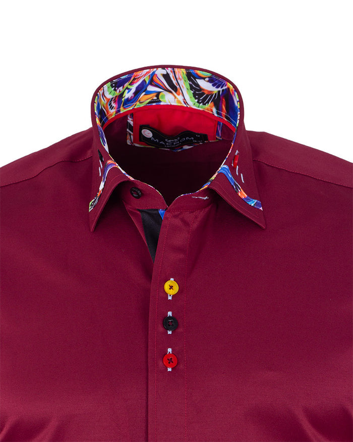 Burgundy Fashion Shirt with Colourful Collar Tip Design-Makrom
