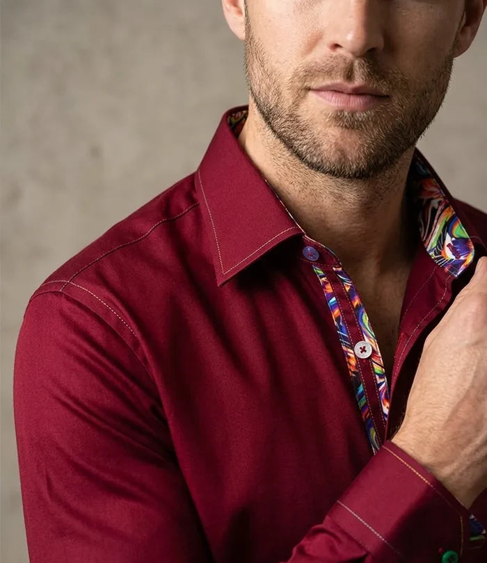 Burgundy Plain Colourful Stitching & Button Pure Cotton Shirt