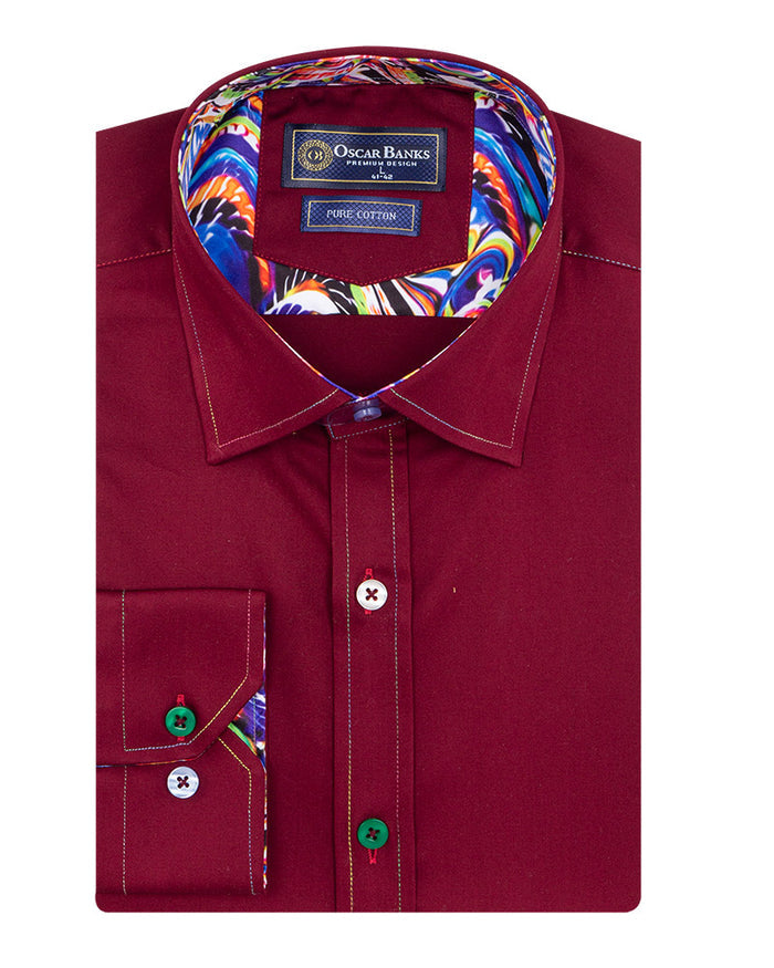 Burgundy Plain Colourful Stitching & Button Pure Cotton Shirt-Makrom