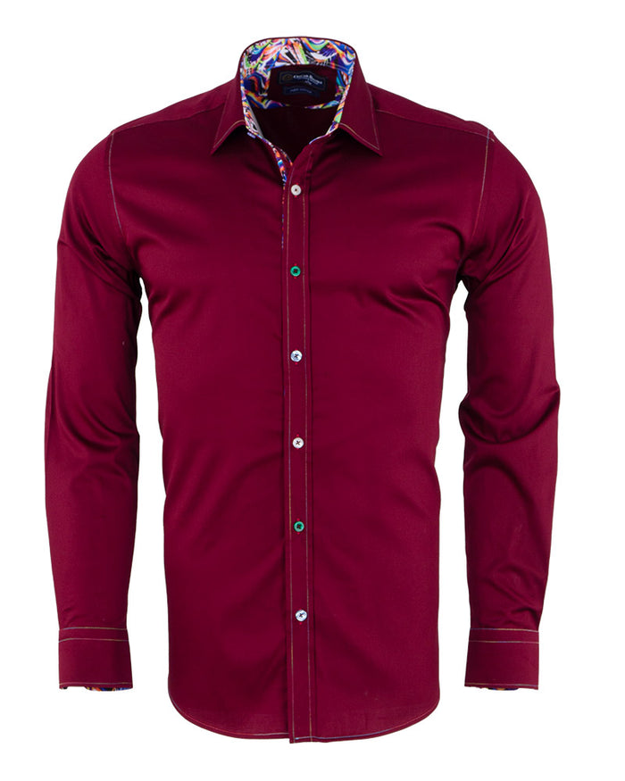 Burgundy Plain Colourful Stitching & Button Pure Cotton Shirt-Makrom