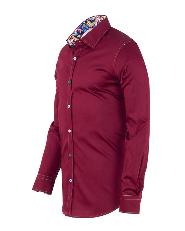 Burgundy Plain Colourful Stitching & Button Pure Cotton Shirt-Makrom