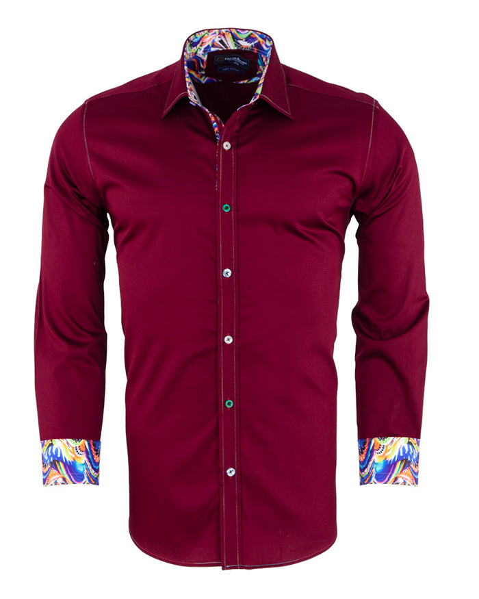 Burgundy Plain Colourful Stitching & Button Pure Cotton Shirt-Makrom