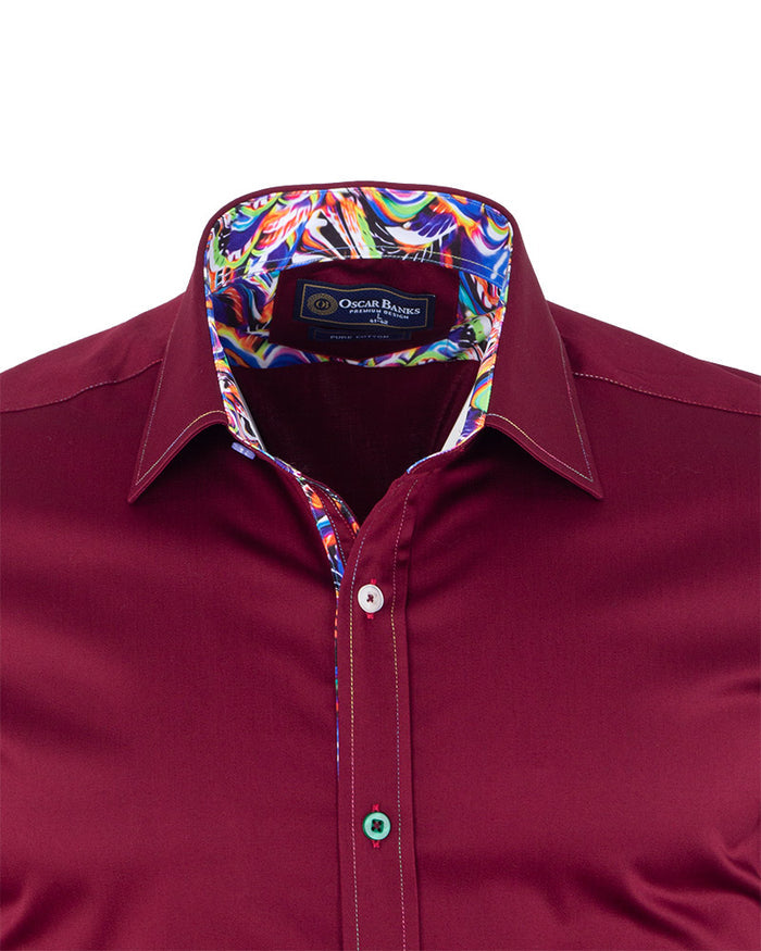 Burgundy Plain Colourful Stitching & Button Pure Cotton Shirt-Makrom
