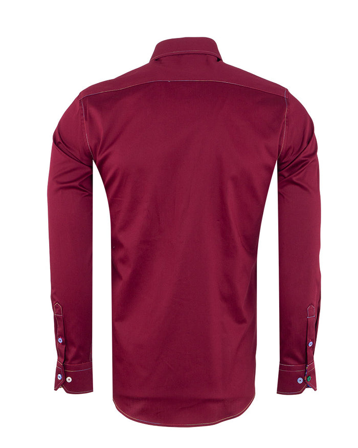 Burgundy Plain Colourful Stitching & Button Pure Cotton Shirt-Makrom