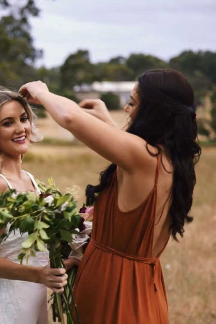 Burnt Orange Spaghetti Straps Long Bridesmaid Dress with Slit