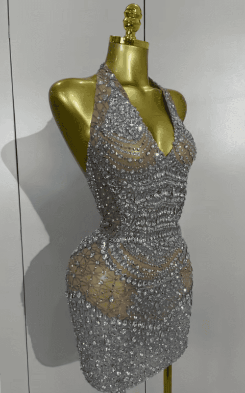 Candice Sparkly Rhinestone Backless Sheer Mesh Bodycon Mini Dress