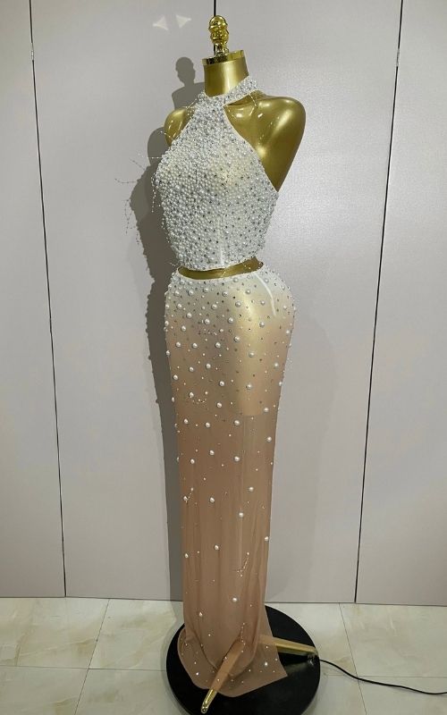 Carmela Sparkly Rhinestone Pearl Beaded Sheer Two Piece Set