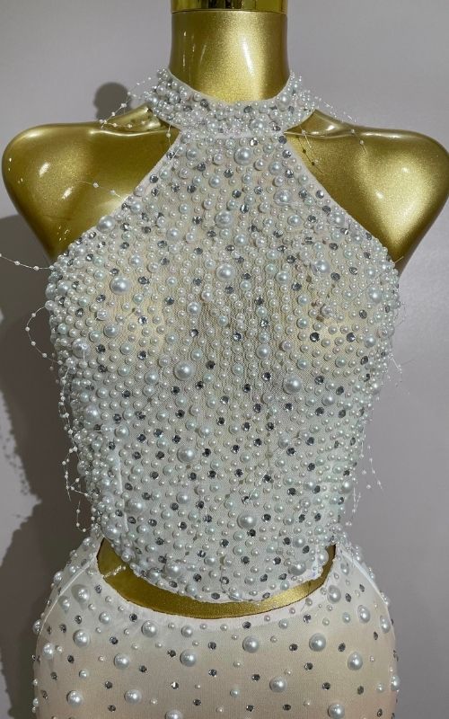 Carmela Sparkly Rhinestone Pearl Beaded Sheer Two Piece Set