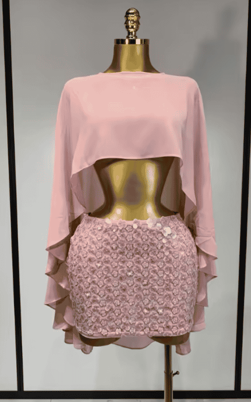 Carole sexy sparkly sequin flower cloak two piece set. See-through party dress for birthdays, stage performance, and evening events.