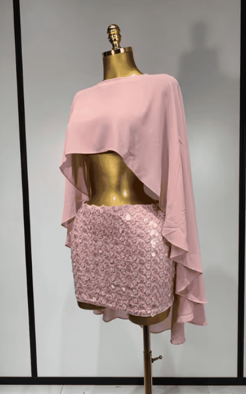Carole sexy sparkly sequin flower cloak two piece set. See-through party dress for birthdays, stage performance, and evening events.