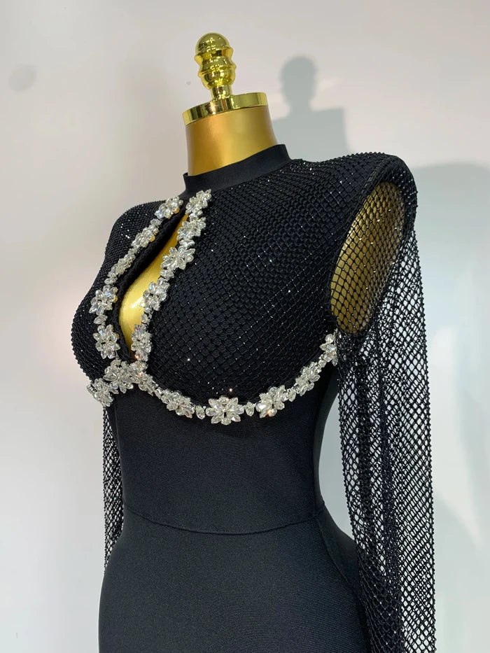 Caroline black long sleeve beaded maxi bandage dress for evening parties, birthdays, or formal events.
