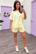 solid washed butter yellow wide leg elastic waist knit shorts