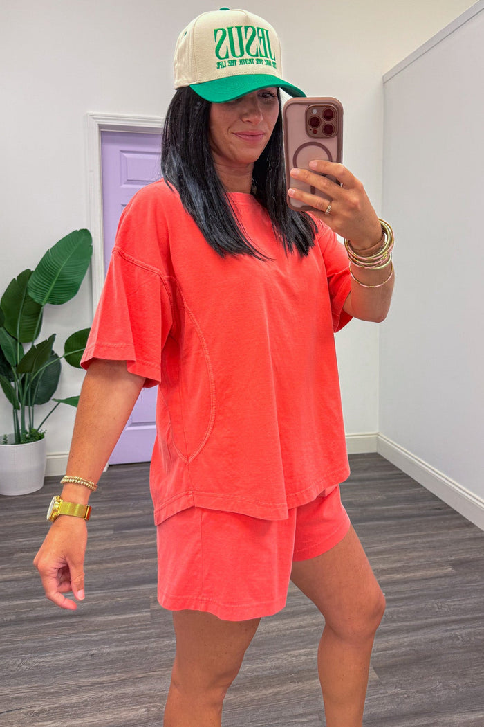 washed coral drop shoulder short sleeve crew neckline casual knit top
