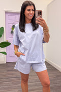 lavender drop shoulder short sleeve casual knit top